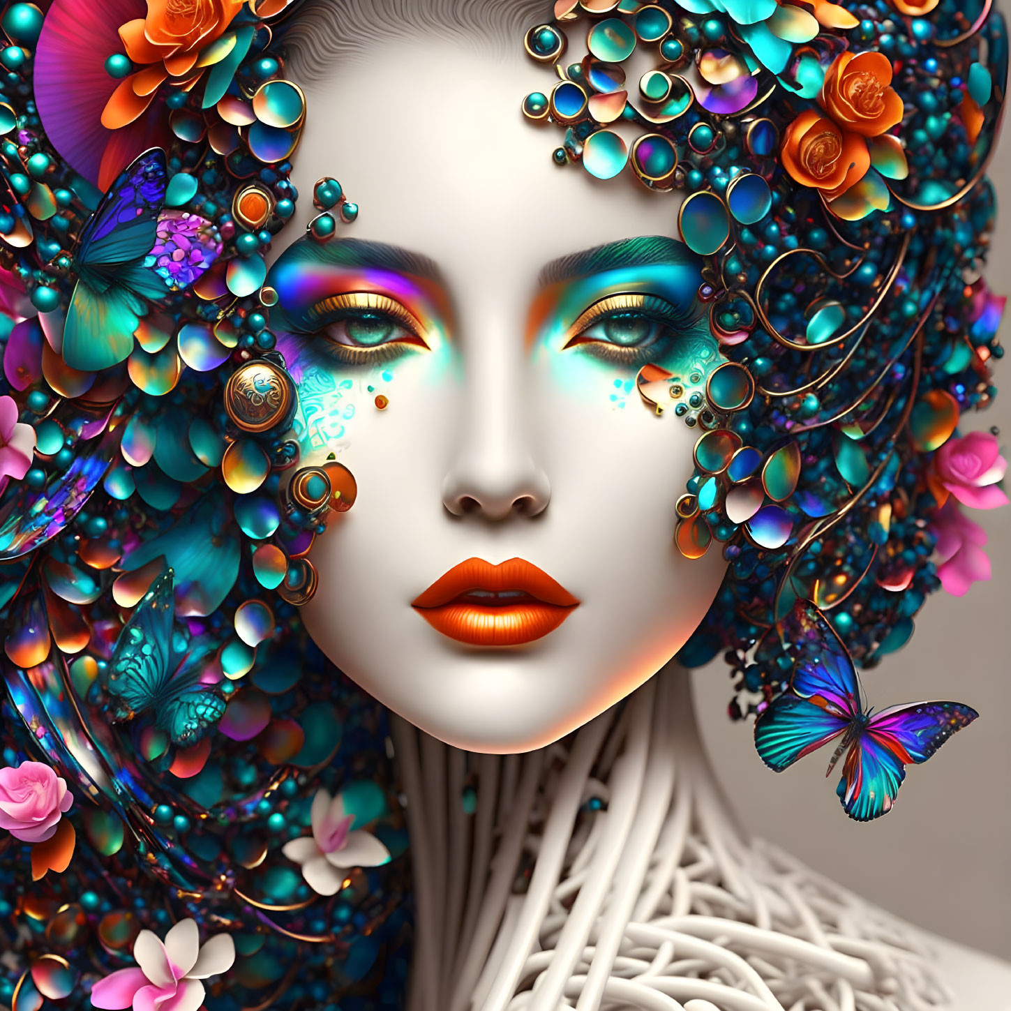 Colorful surreal portrait of a woman with butterflies, flowers, and jewelry