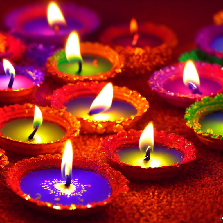 Vibrant Diwali Lamps on Red Background