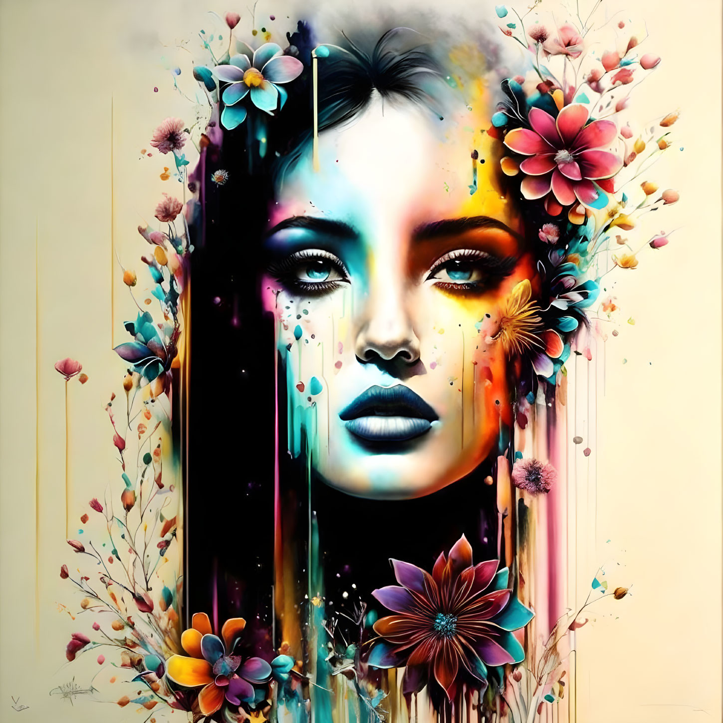 Colorful Floral Woman's Face Artwork with Dripping Paint Details