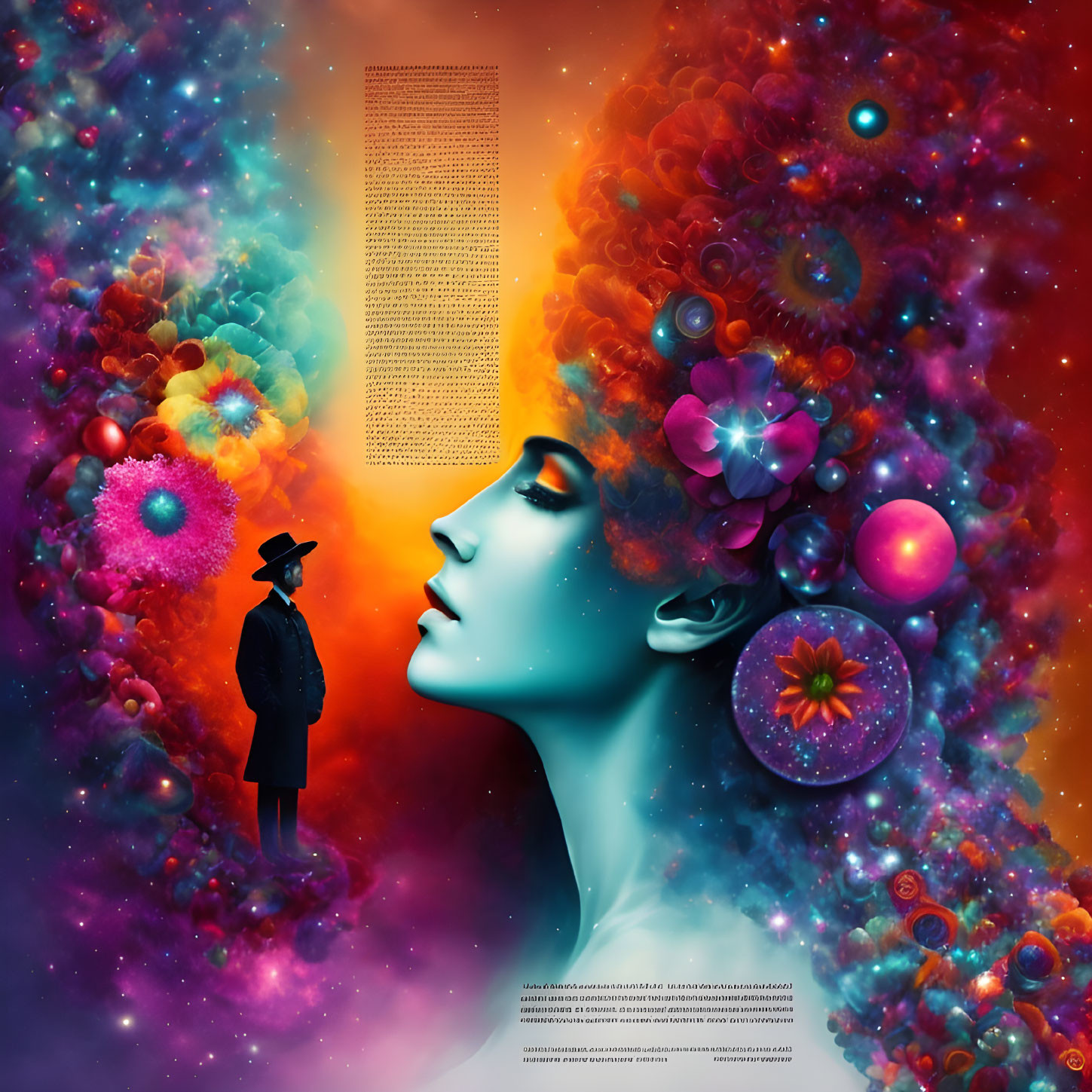 Person in Hat Faces Cosmic Floral Face Against Colorful Nebula