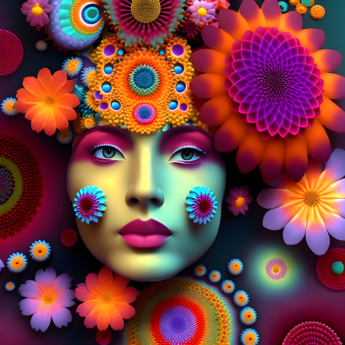 Colorful surrealistic image of woman's face with fractal flowers and patterns.