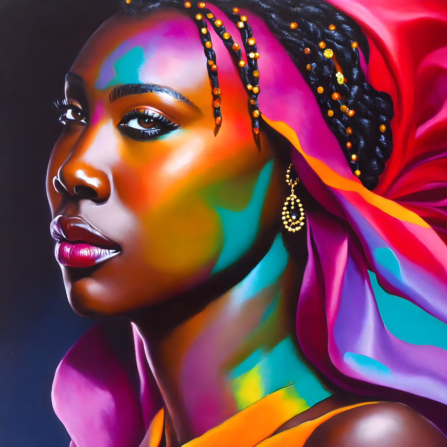 Colorful portrait of woman with multicolored lighting, gold earrings, and red headscarf