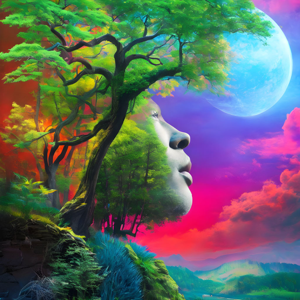 Surreal landscape featuring giant human face profile in vibrant nature