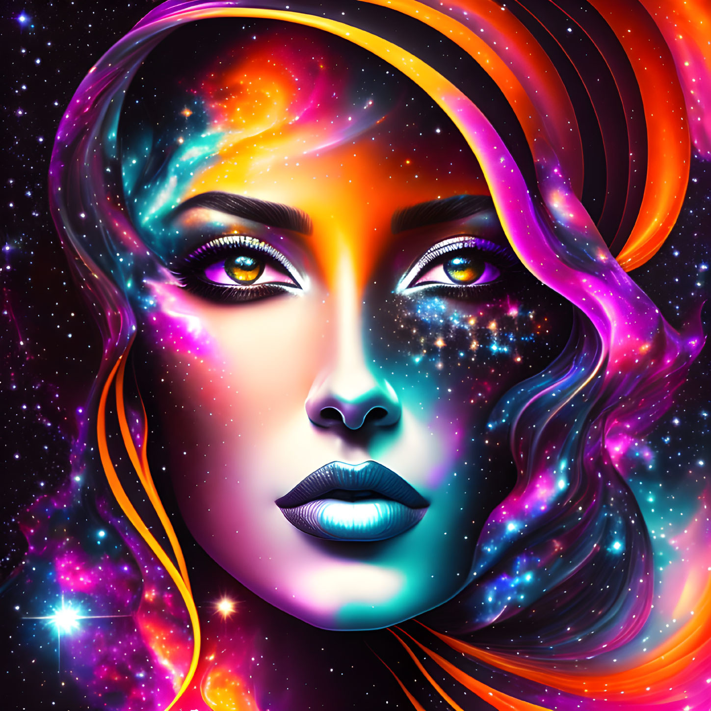 Digital portrait of woman with cosmic features on space background