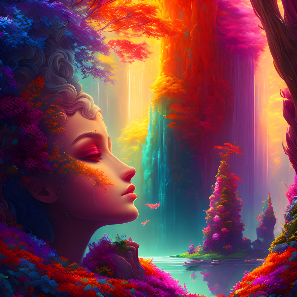 Colorful digital artwork: Woman's profile in fantastical forest with neon hues
