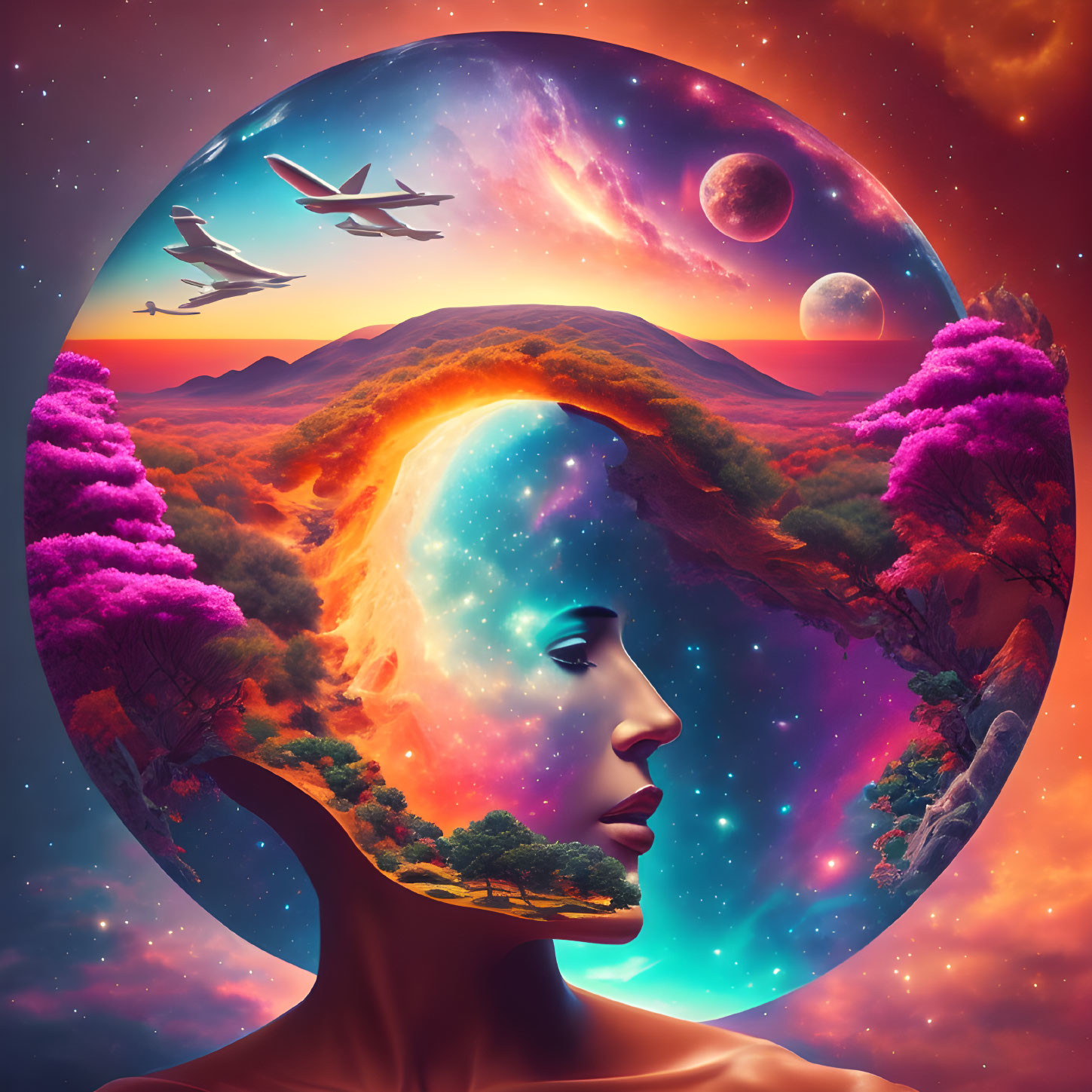 Surreal portrait of woman merging with cosmic landscape