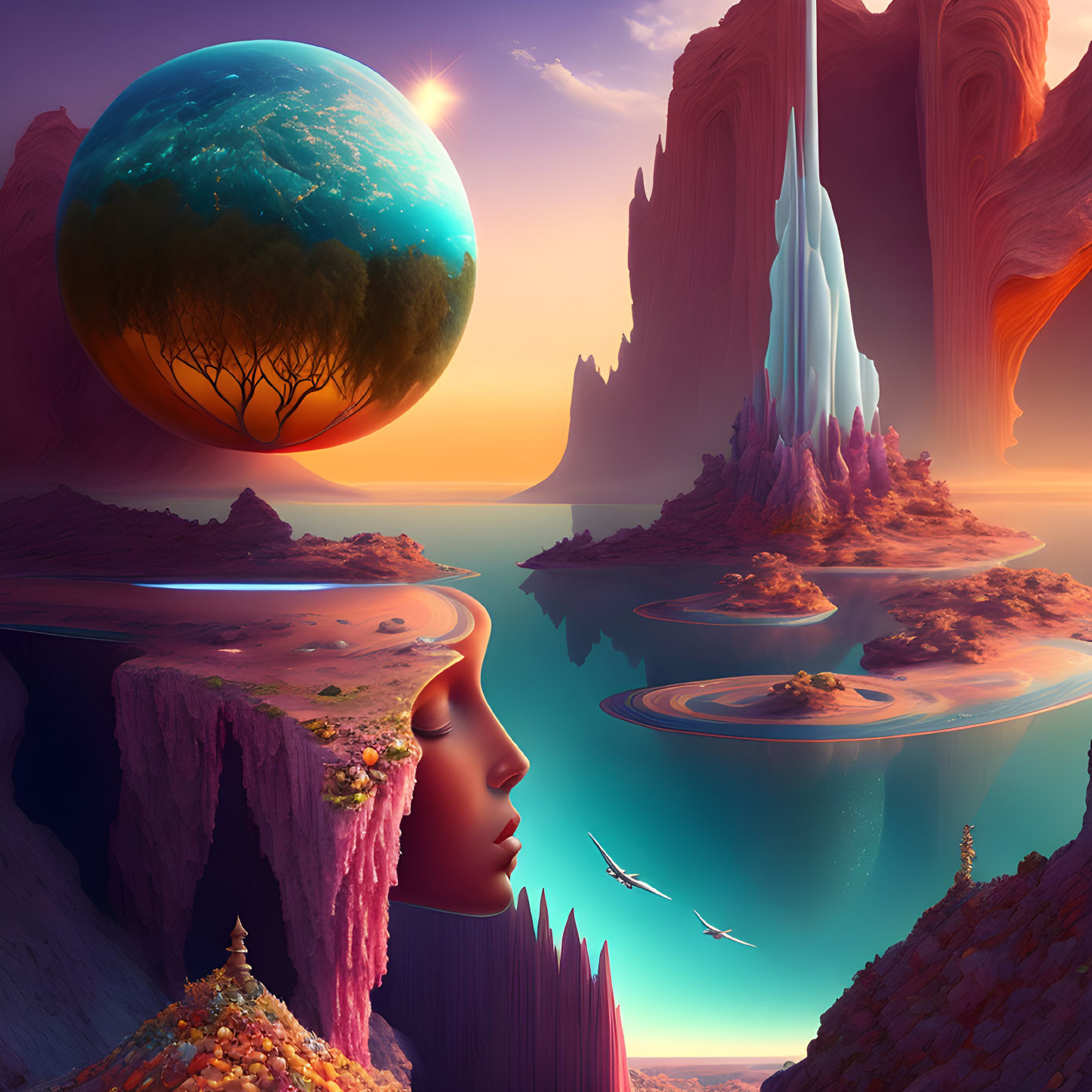 Surreal landscape with woman's profile in cliff, floating islands, large planet, vibrant colors &