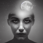 Digital artwork blending cosmic landscape with female face, featuring moon and stars.