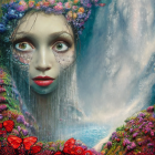 Surreal woman's face with flowers, butterfly, ocean liner, floral scenery, and mystical moon