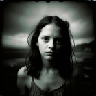 Intense-eyed woman portrait against stormy mountain backdrop