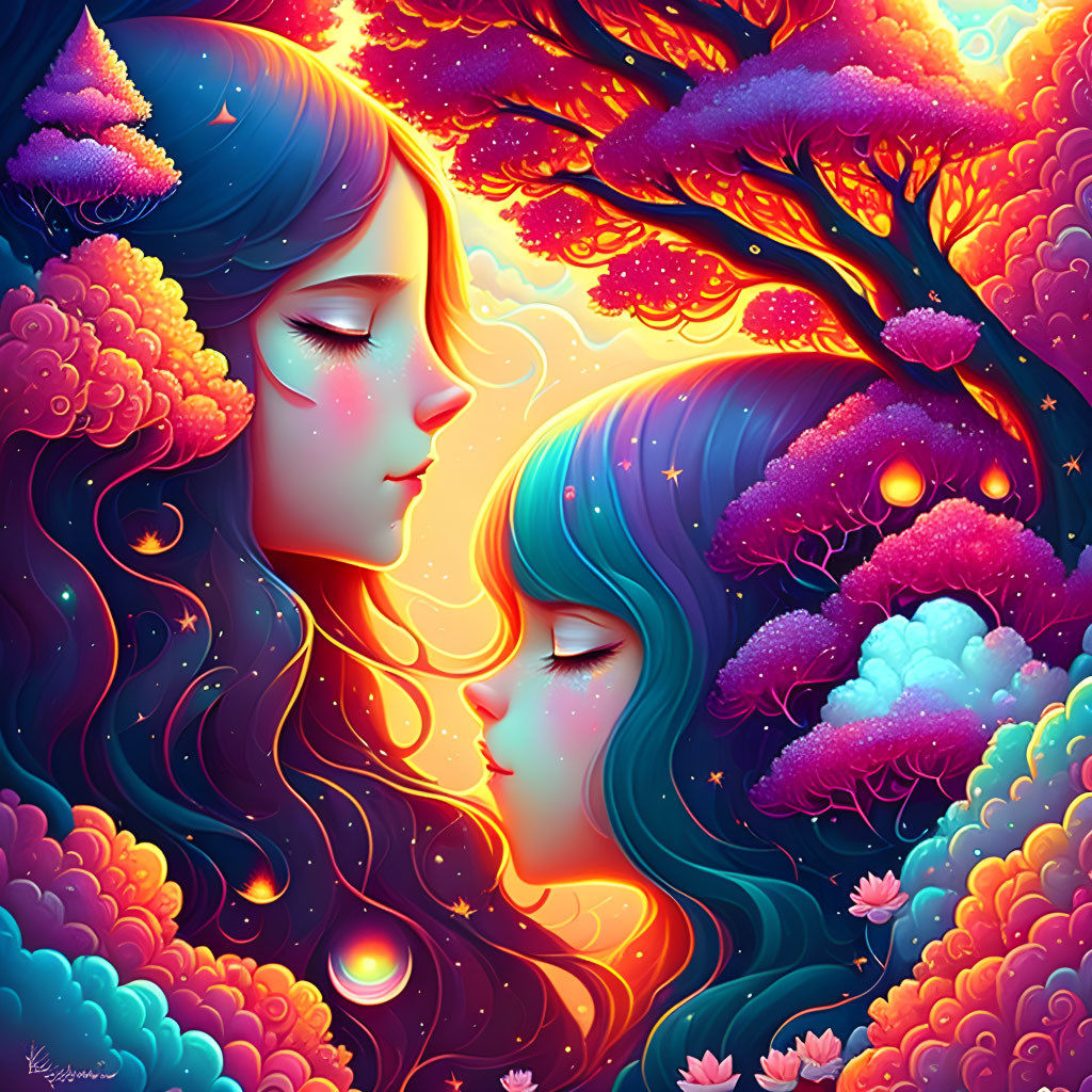 Colorful illustration of ethereal characters with flowing hair in whimsical nature.