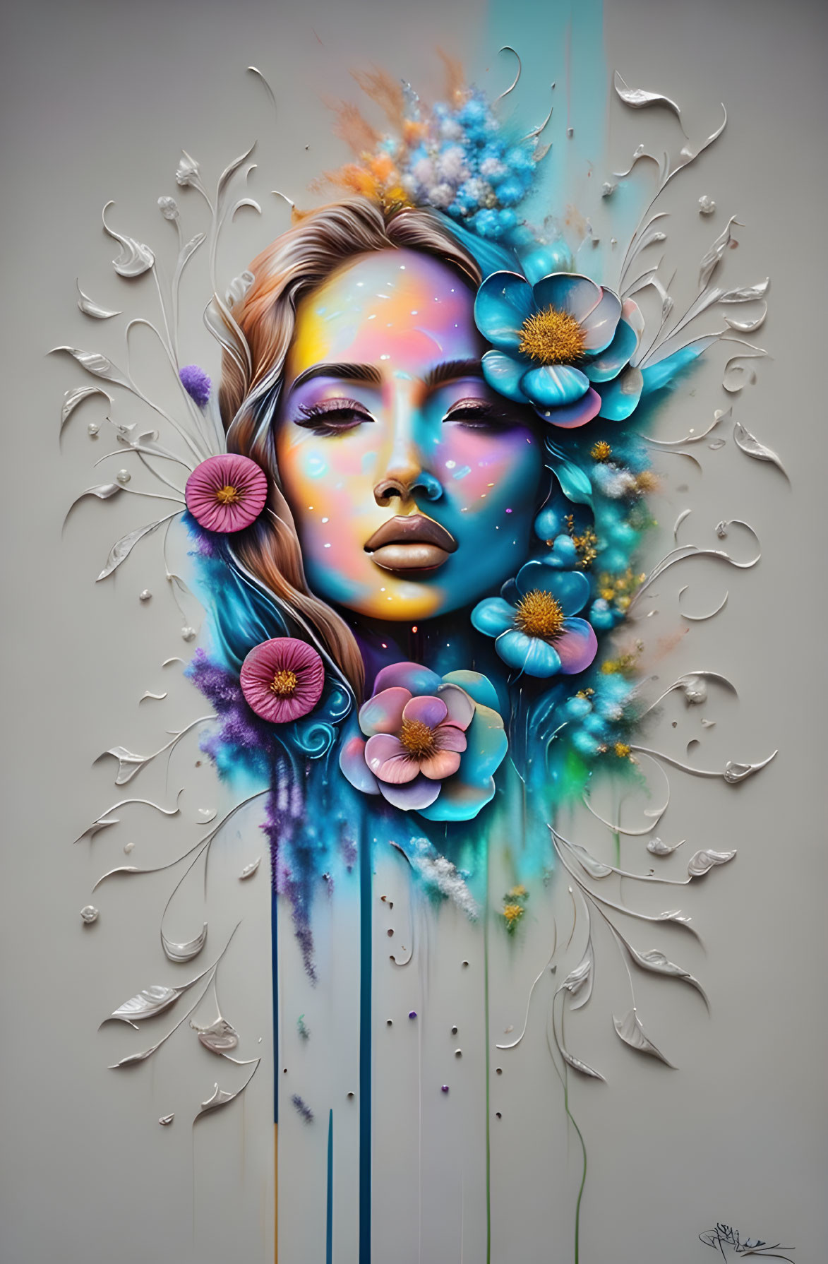 Colorful Stylized Woman's Face with Floral Elements and Paint Splashes