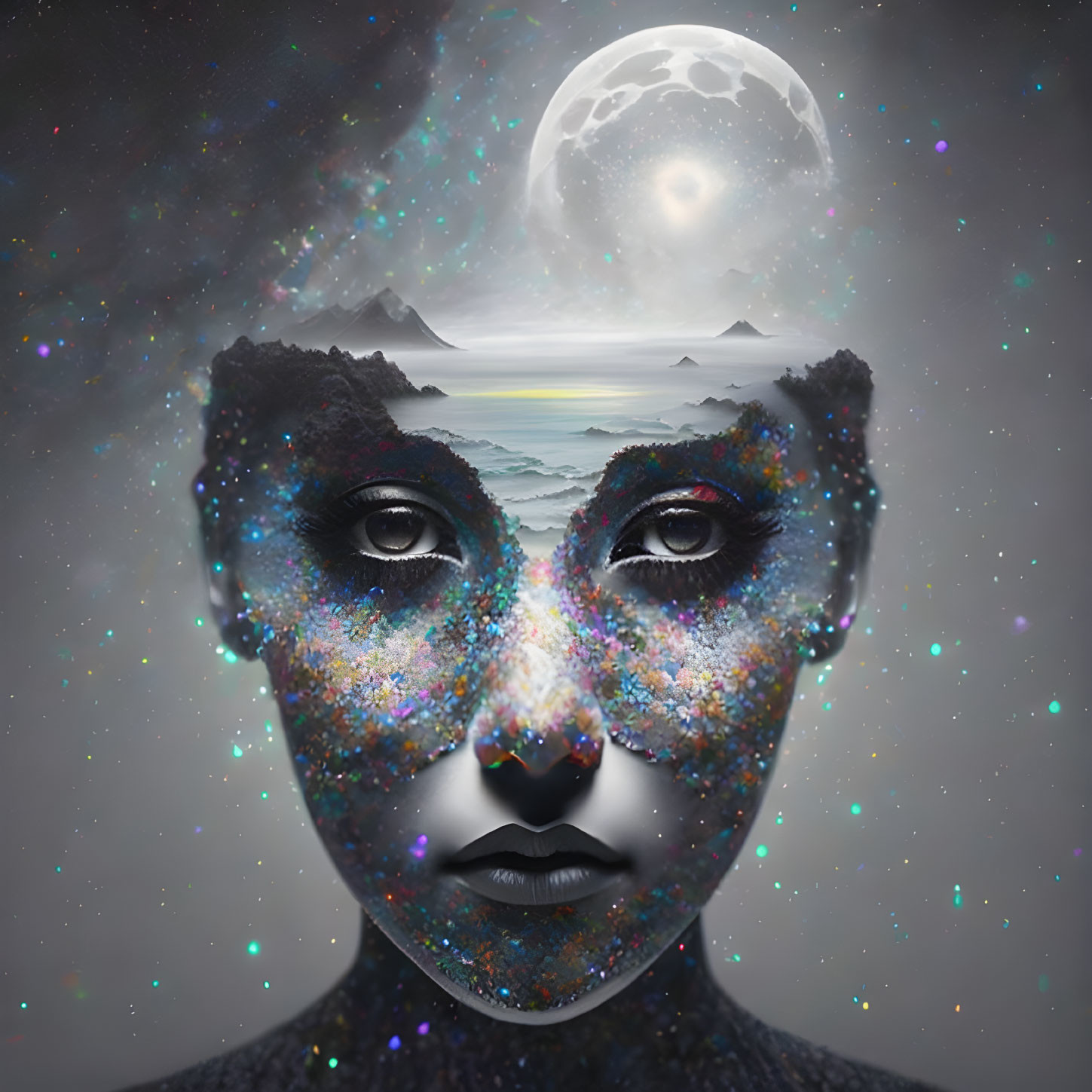 Digital artwork blending cosmic landscape with female face, featuring moon and stars.