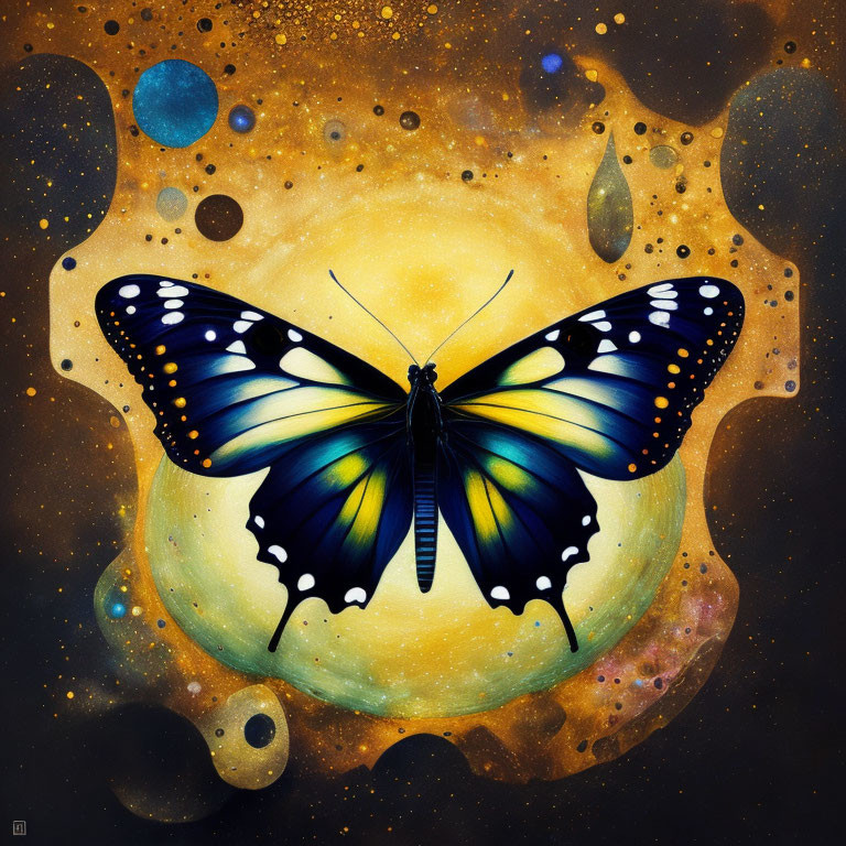 Colorful Butterfly with Blue and Yellow Wings in Cosmic Setting