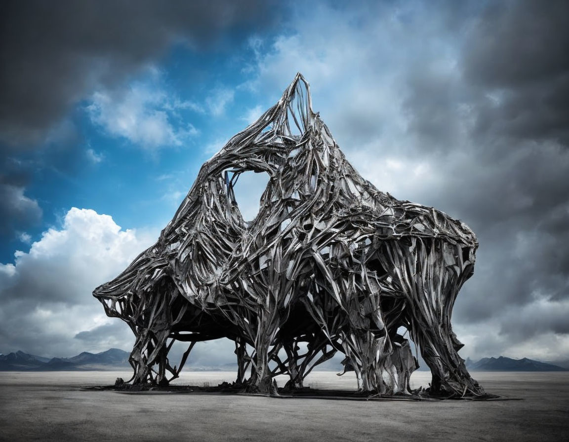 Intricate driftwood beast sculpture under dramatic sky