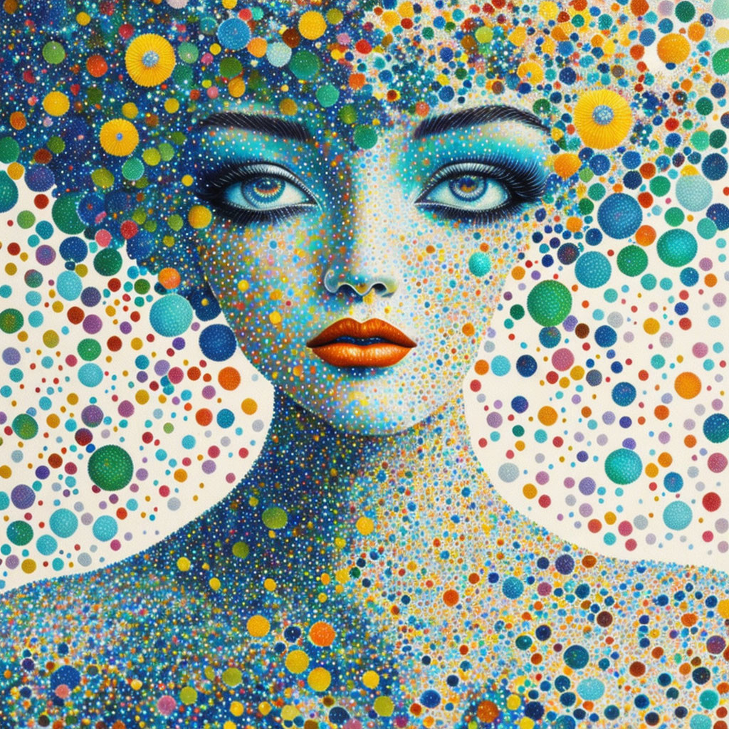 Colorful portrait of a woman with blue eyes and makeup in a psychedelic dot mosaic.