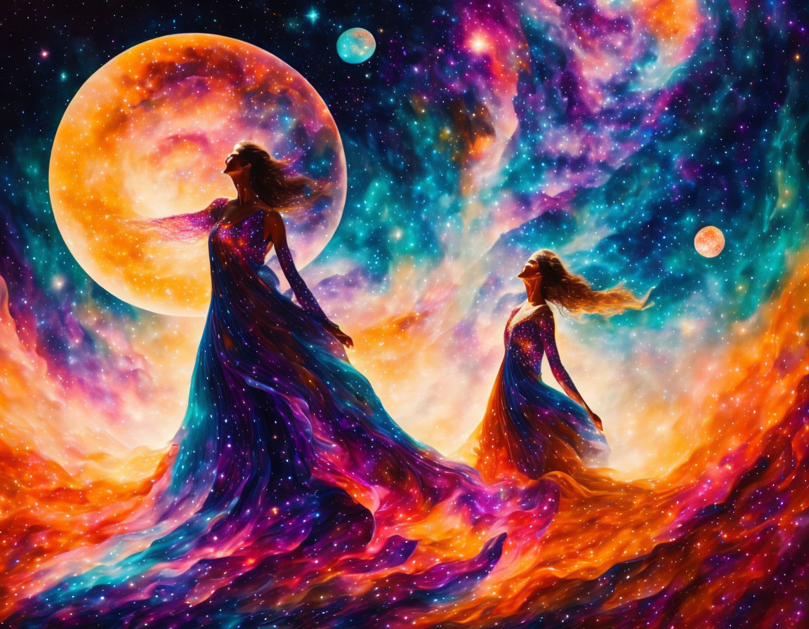 Ethereal women in cosmic dresses before large moon and nebulas