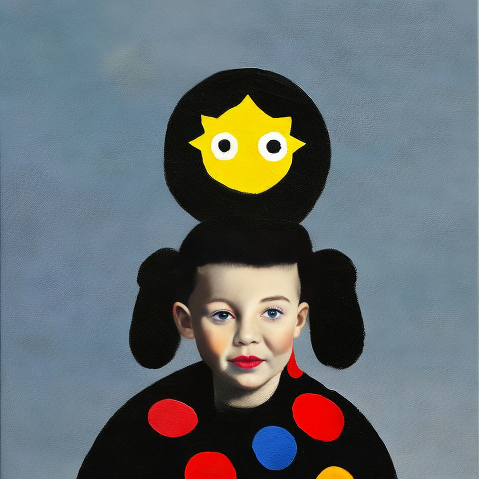 Child portrait with surreal black figure, yellow face, eyes, and polka-dotted attire