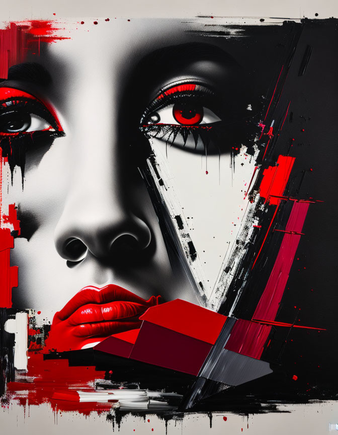 Abstract red and black woman's face artwork on white background