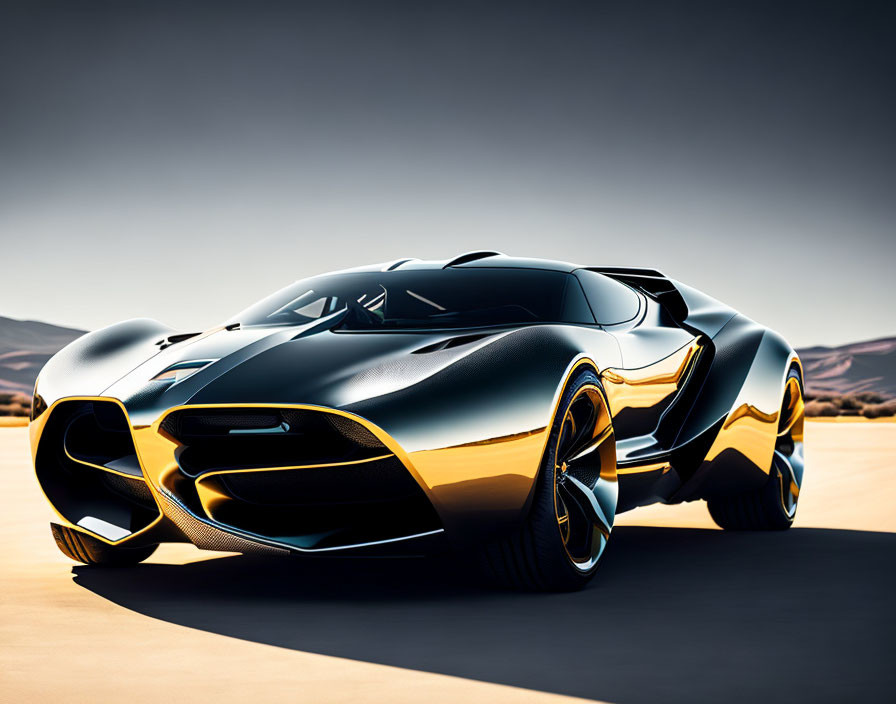 Futuristic Black and Gold Sports Car on Desert Road