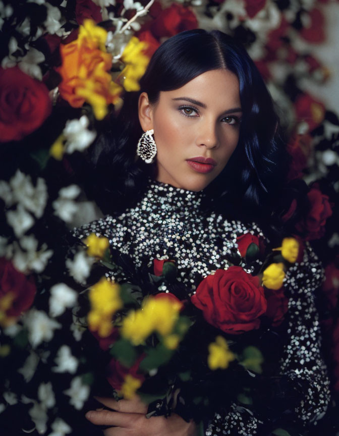 Dark-haired woman in floral dress with red lipstick and earring among vibrant flowers