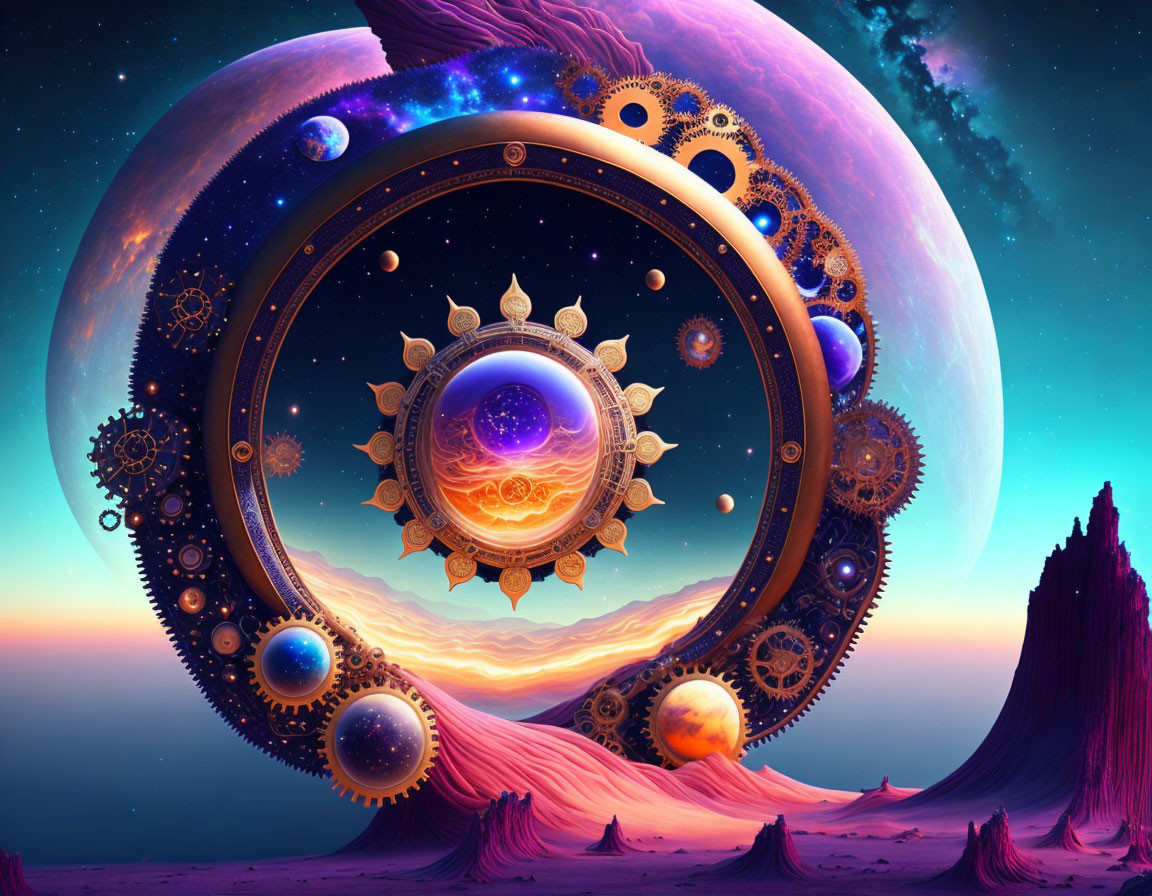 Surreal cosmic landscape with circular mechanical structure and celestial bodies on purple alien terrain