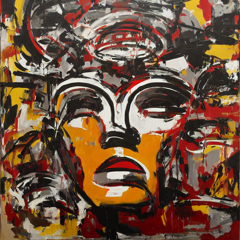 Vibrant abstract painting of stylized face in red, black, white, and yellow