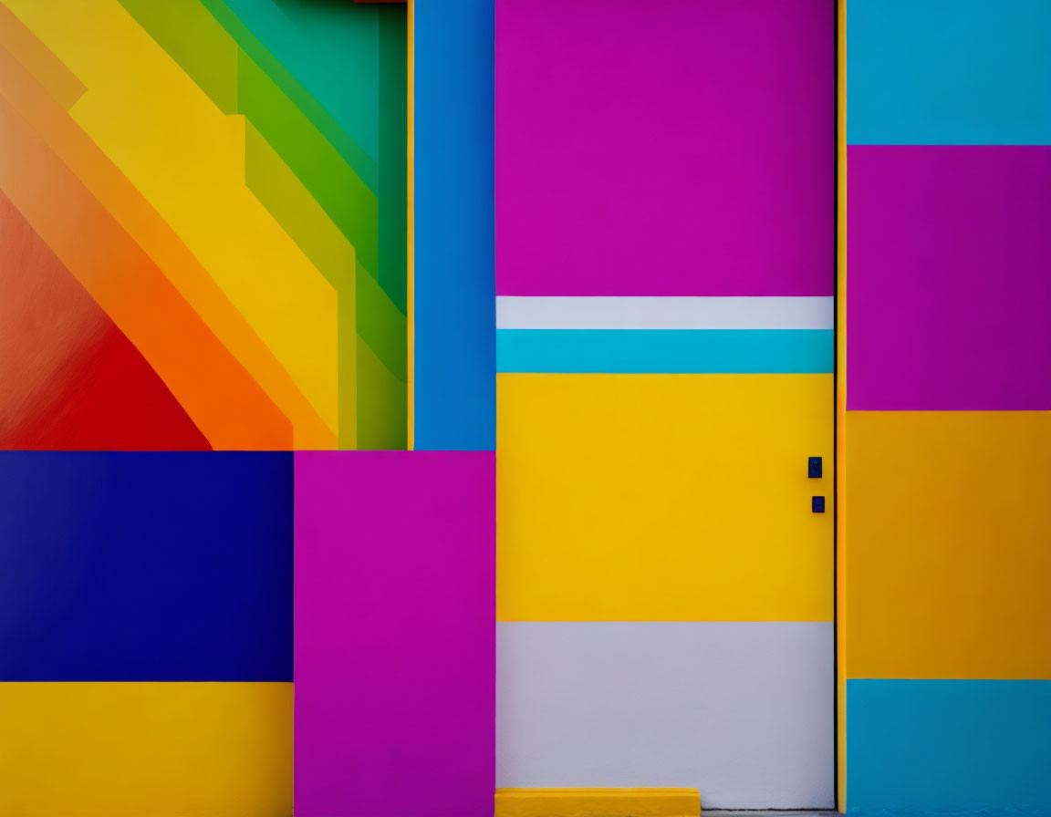 Colorful Geometric Mural with Bold Blocks of Yellow, Blue, Pink, and Green