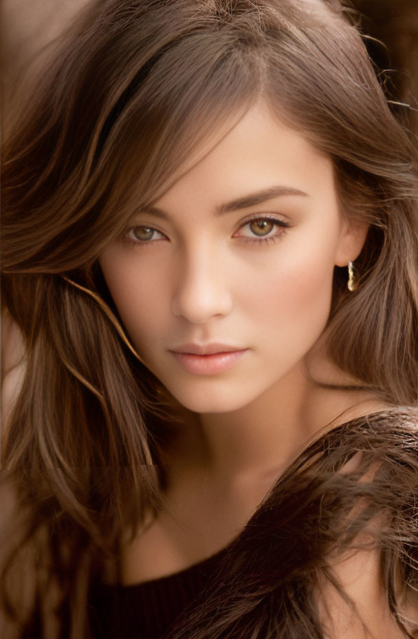 Young woman portrait with long brown hair, intense eyes, subtle makeup, and earrings.