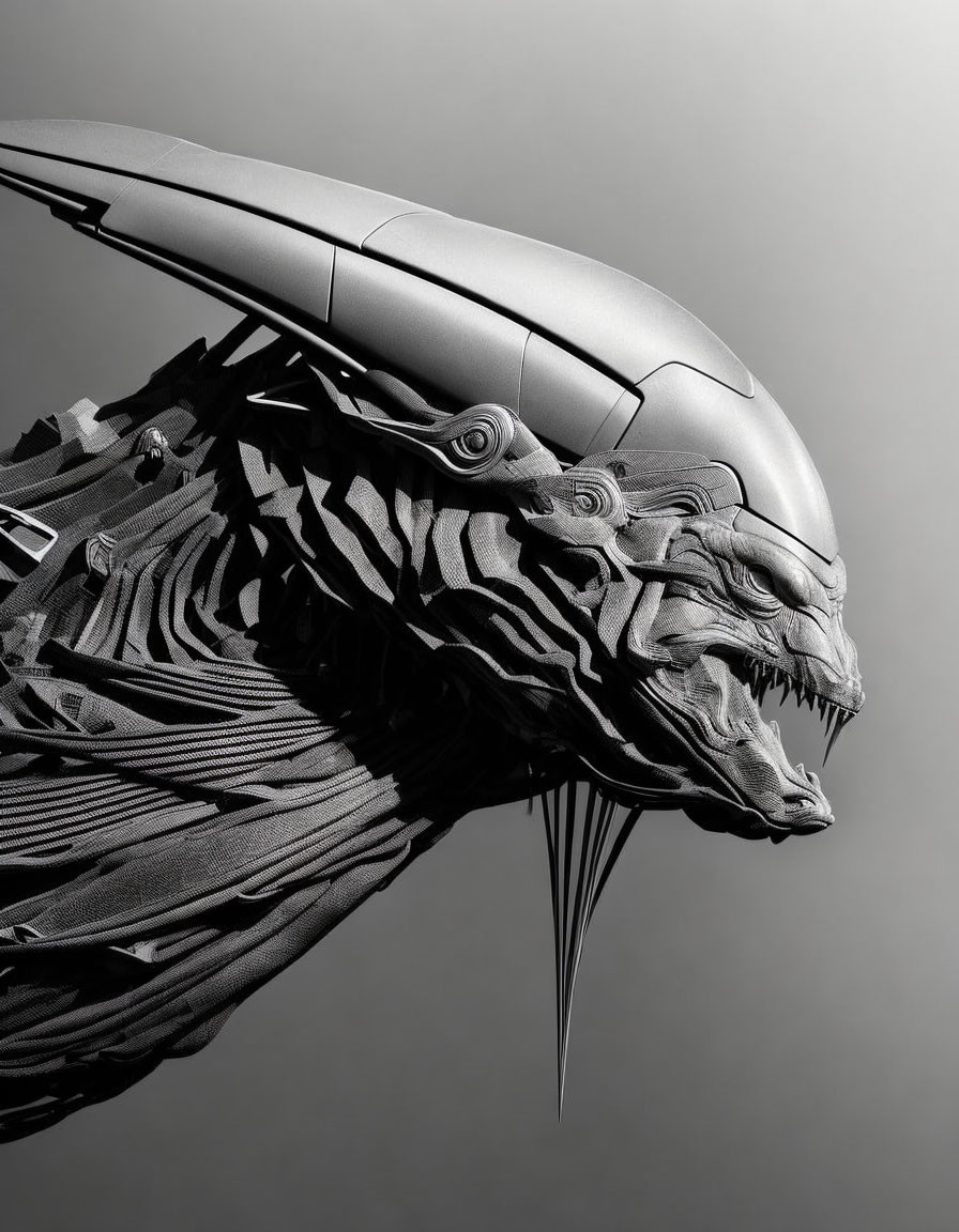 Monochrome futuristic mechanical dragon head with intricate details