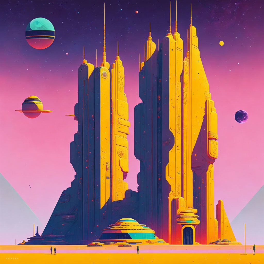 Vibrant sci-fi landscape with yellow towers under purple sky.