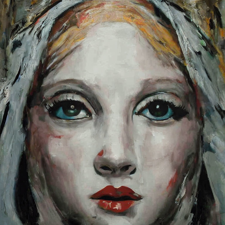 Woman's face abstract painting with bold eyes and red lips