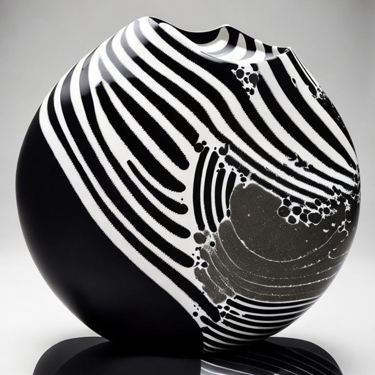 Monochrome glass vase with zebra stripes and bubbles on gray surface