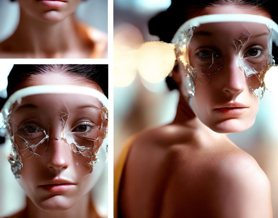 Woman with cracked glass mask showing multiple emotions.