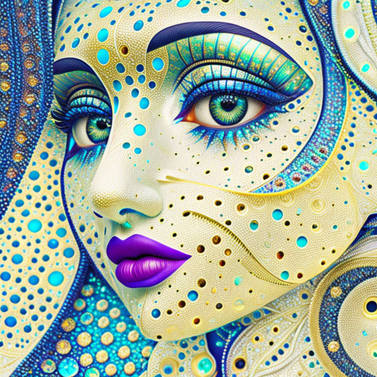 Colorful digital portrait of stylized female face with intricate patterns, blue eyes, and purple lips.