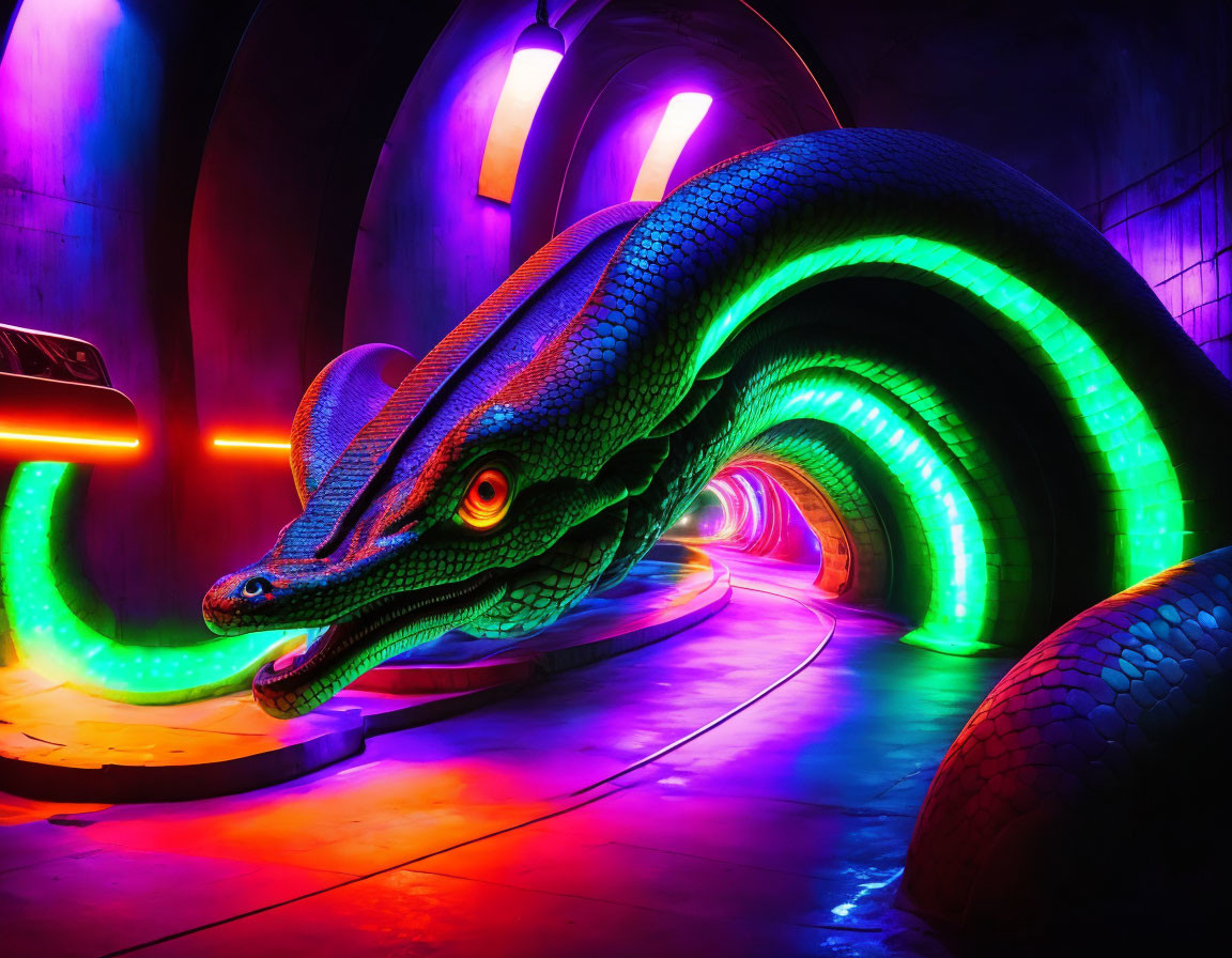 Colorful digital artwork: Large serpent in neon-lit tunnel