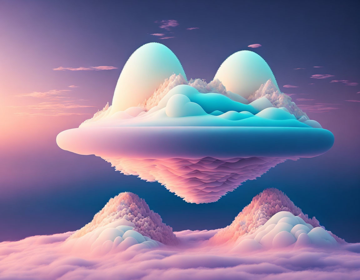 Heart-shaped cloud formation over surreal landscape with pastel sky