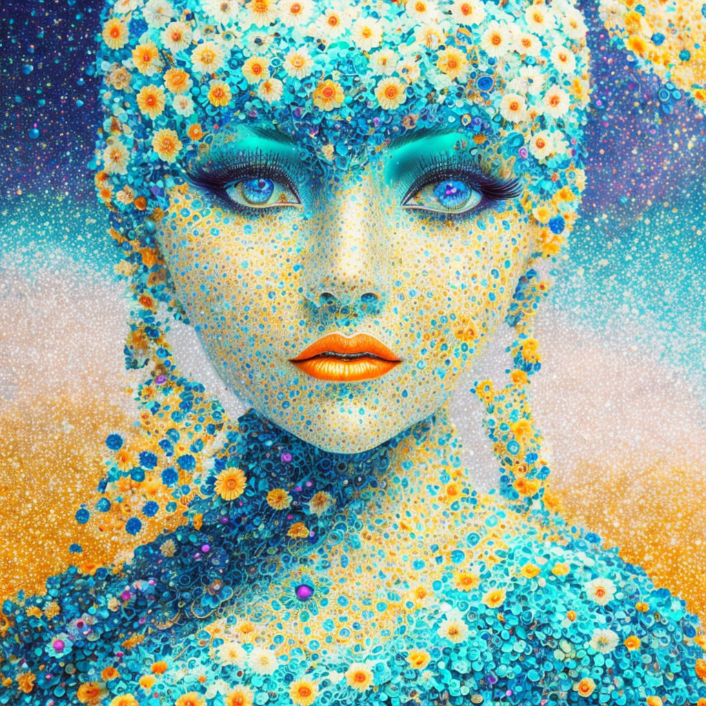 Colorful portrait of figure with floral skin pattern, orange lips, and blue eyes on speckled