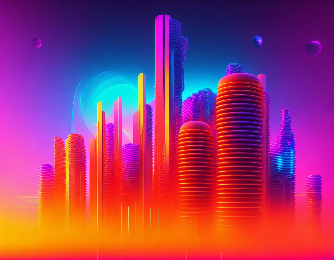 Futuristic neon-lit cityscape with towering skyscrapers at twilight