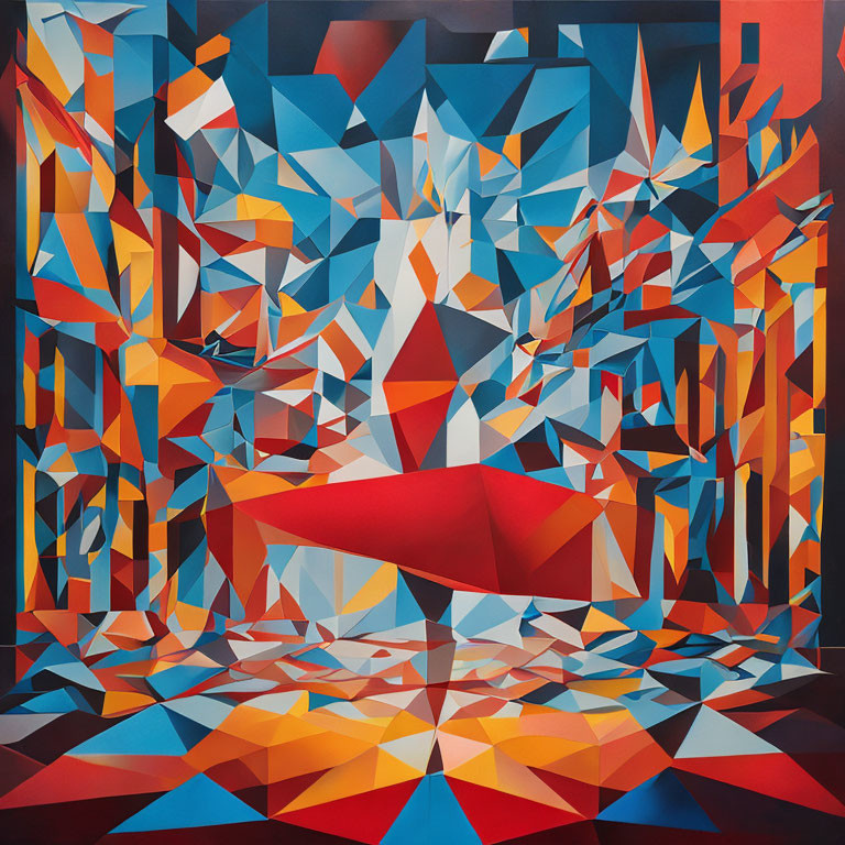 Vibrant Abstract Geometric Painting in Red, Orange, Blue, and White