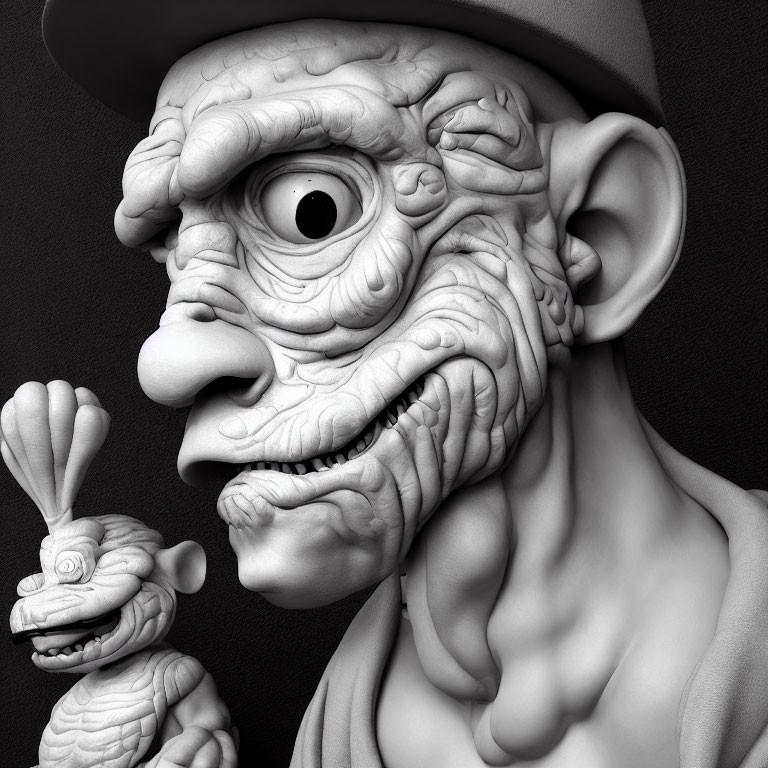 Monochrome 3D image: Elderly figure with exaggerated wrinkles holding rabbit-like creature