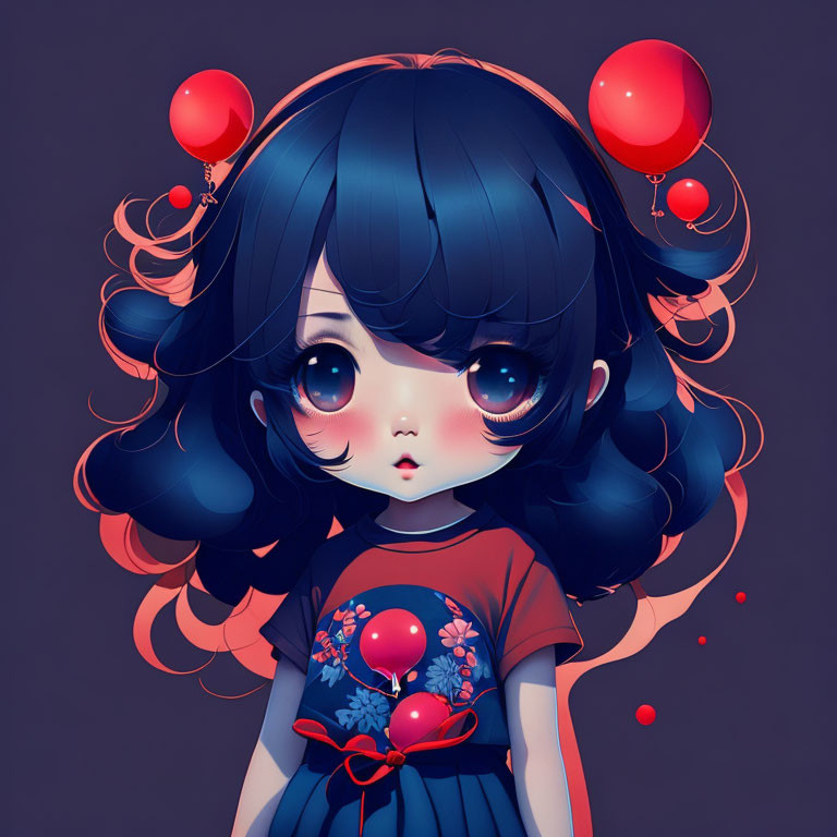 Anime-style girl with dark blue hair surrounded by red balloons in red and blue outfit