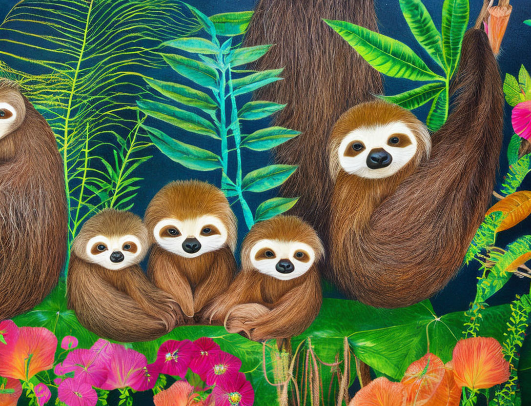 Vibrant Cartoon Sloths in Colorful Jungle Scene