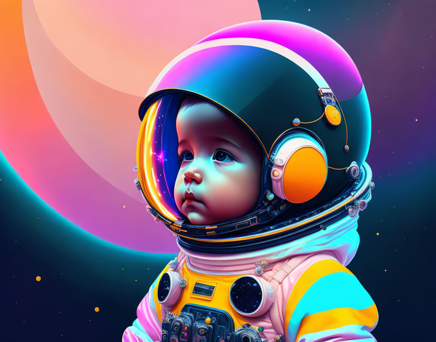 Colorful Toddler in Spacesuit with Planets Background