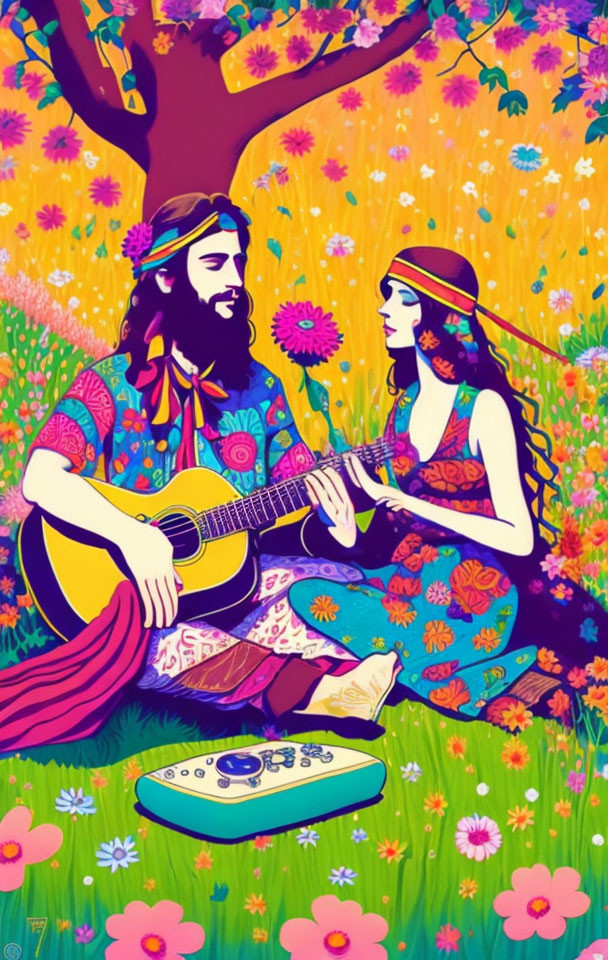 Vibrant illustration: man with beard plays guitar next to woman in bohemian dress in flower