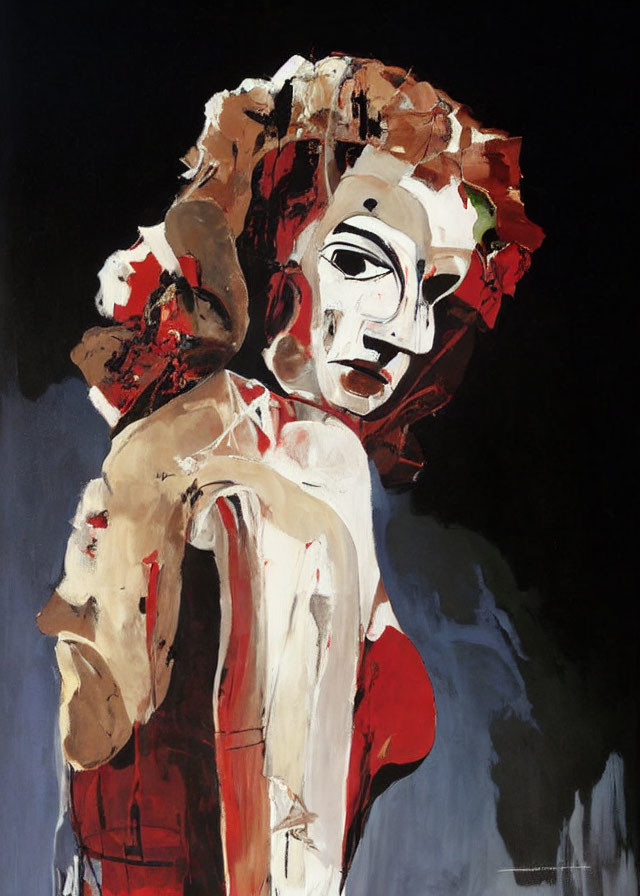 Abstract female portrait in red, white, and black palette on dark background