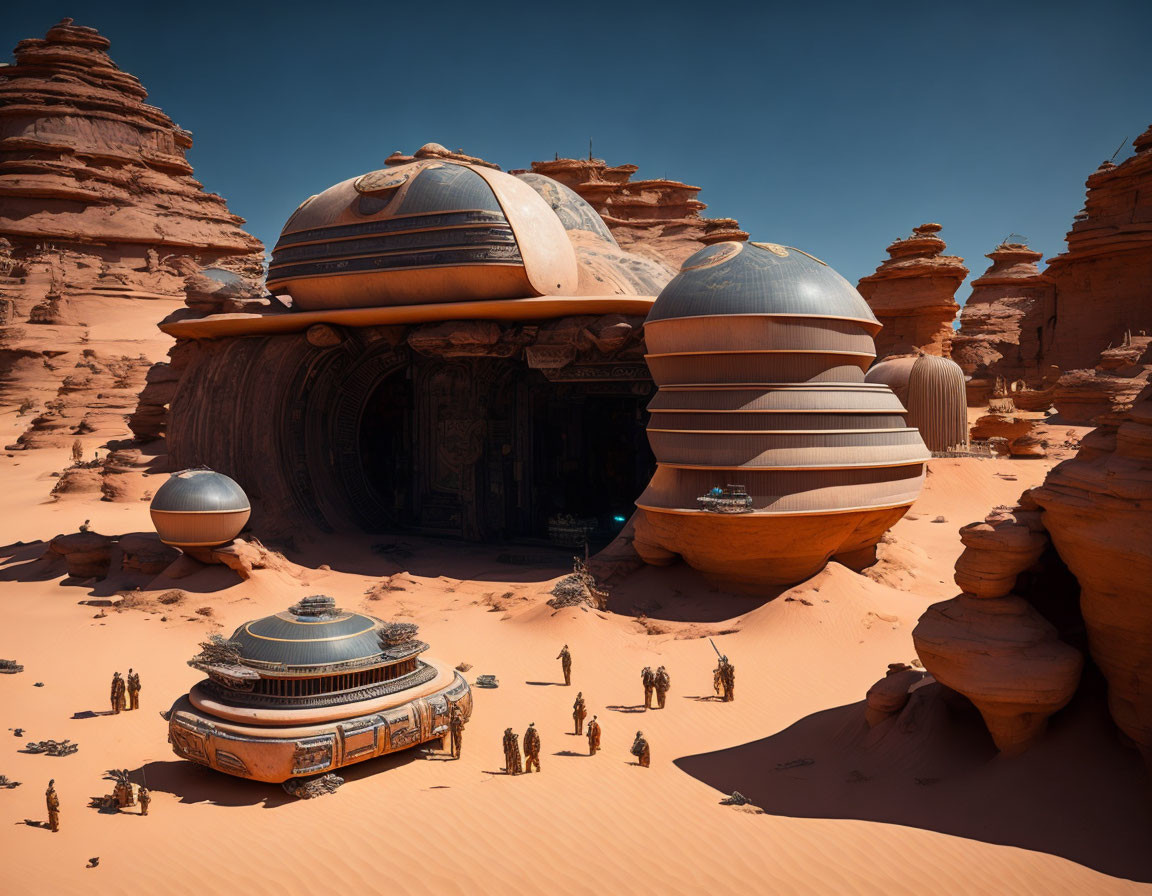 Futuristic desert buildings with dome-like structures in red sands