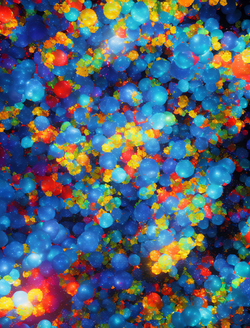 Colorful Glowing Orbs in Blue, Red, and Yellow on Dark Cosmic Background