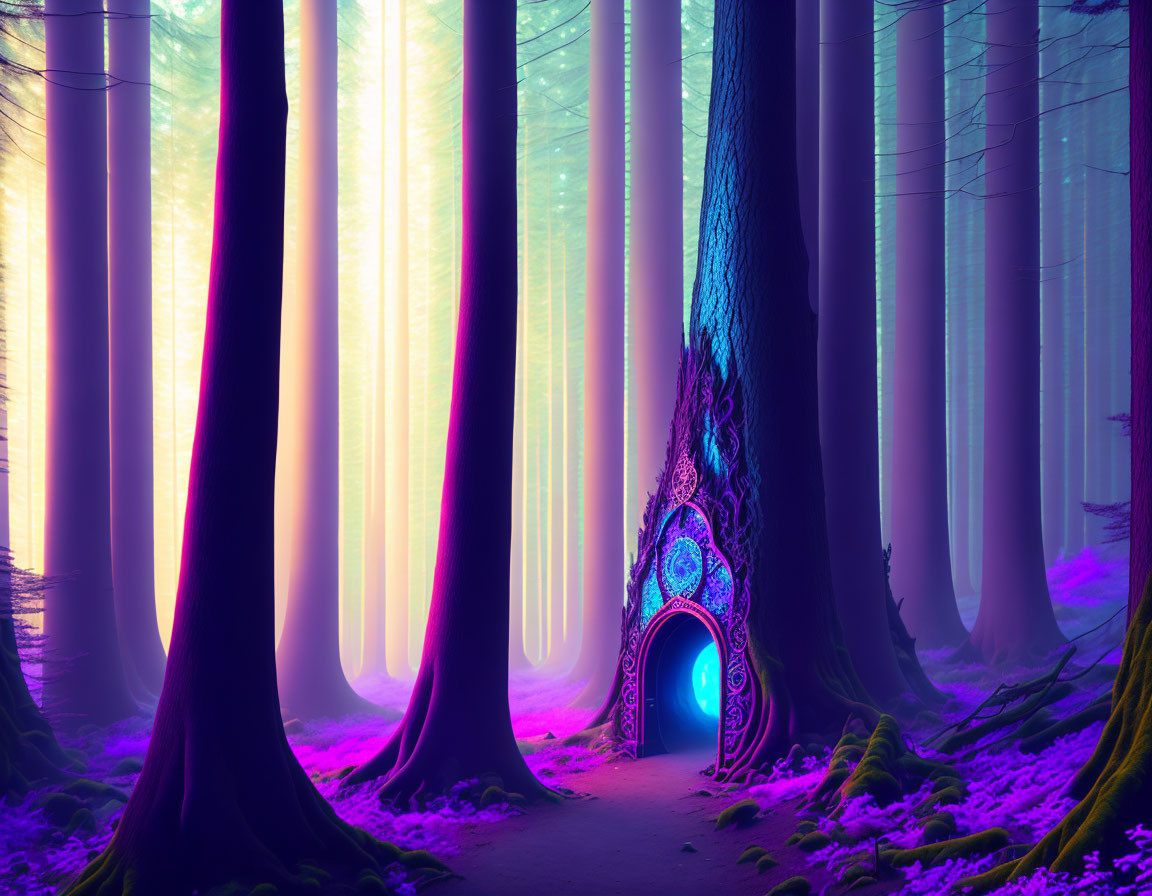 Enchanting forest scene with glowing portal and vibrant colors