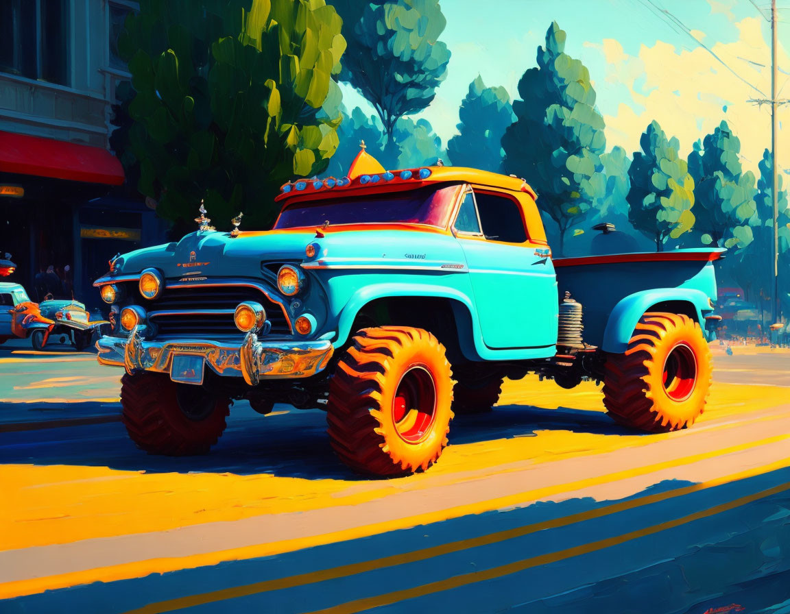 Colorful Illustration: Modified Blue Pickup Truck with Orange Wheels